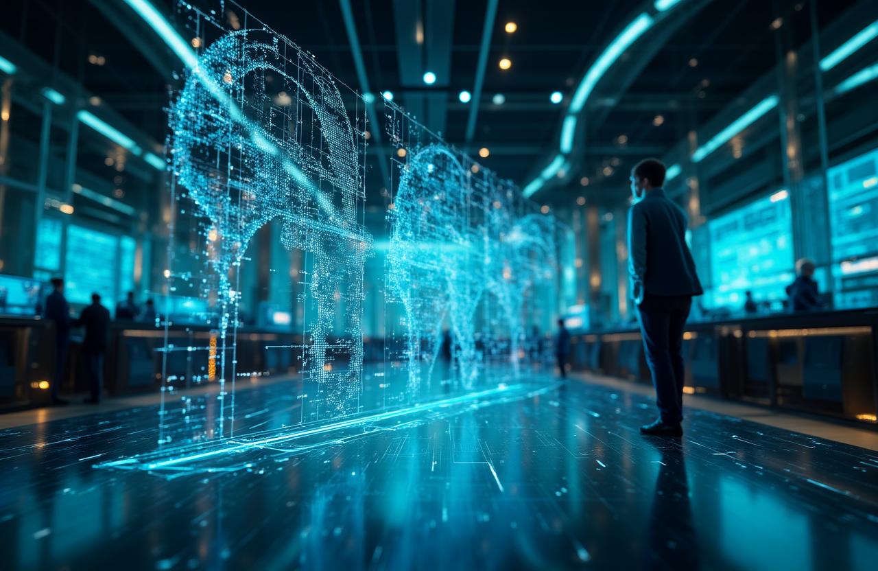 Modern financial trade floor with digital overlays